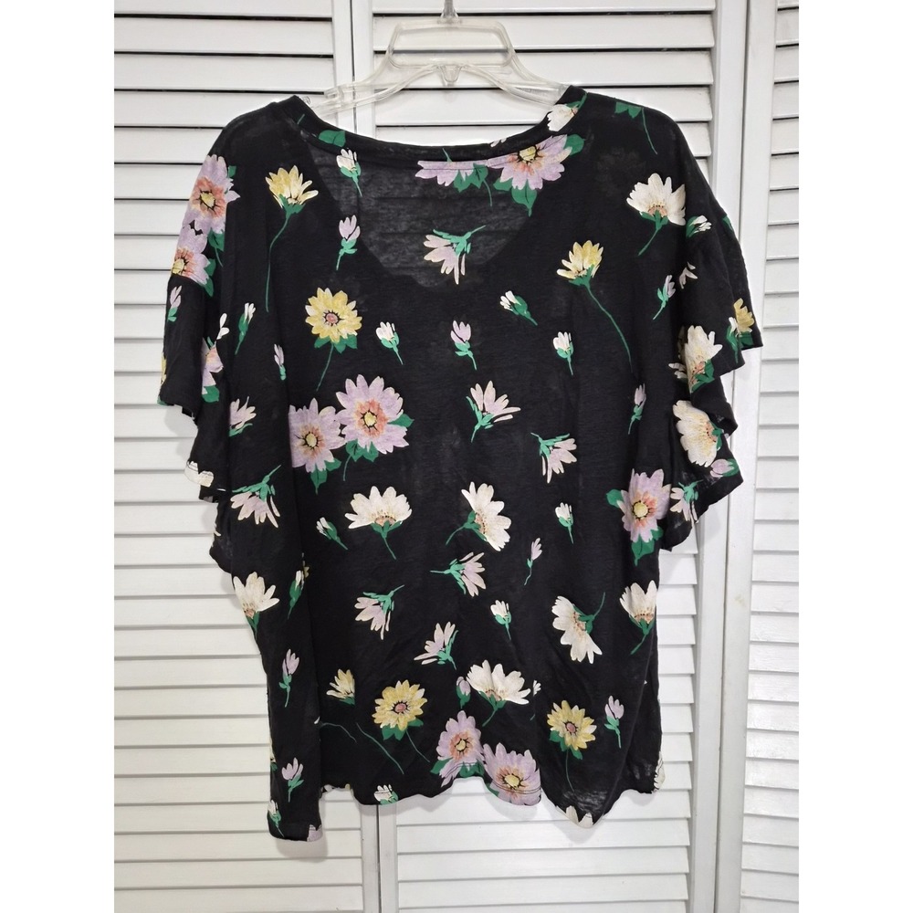 LOFT Womens XL Black Floral 100% Linen Ruffle Flutter Sleeve V-Neck Knit Top